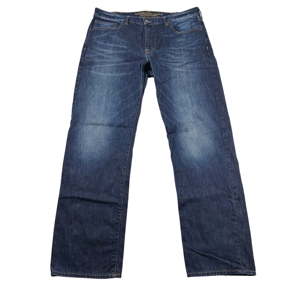 American Eagle Jeans Mens 38x36 (fits 38x34) Loose Fit Dark Wash Whiskers Cotton